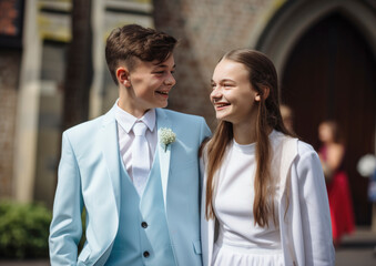 Holy church confirmation ceremony with young stylish teenager dressed for the big day