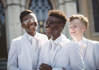 Holy church confirmation ceremony with young stylish teenager dressed for the big day