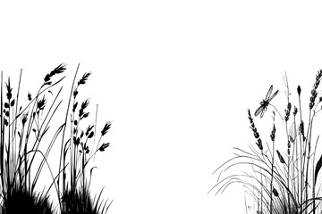 Image of a silhouette reed or bulrush on a white background.Monochrome image of a plant on the shore near a pond. - obrazy, fototapety, plakaty