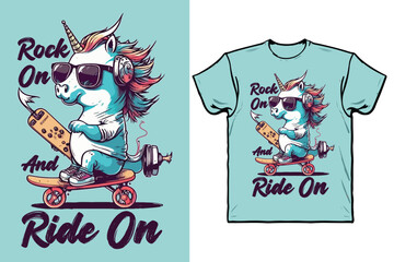 Unicorn riding a skateboard and wearing sunglasses with t-shirt design