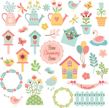 Set of cute decorative clipart flower bed. Spring, summer elements for decoration. Set of elements for scrapbook.