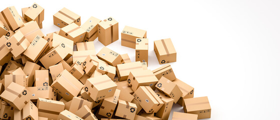 Cardboard boxes on white background with empty copy space on right side, logistics and delivery concept. 3D Rendering