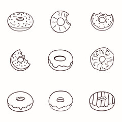 Donuts Premium Illustration Vector Drawn Design Collections Set. Yummy delicious Cartoon Cafe Pink Happy Birthday Donuts Hi-Quality Minimal Holiday Food Vector Element Set.