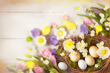 Easter background with copy space. Eggs, flowers, pastel colors illustration top view generative AI, generative, ai