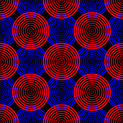Fototapeta na wymiar Red and blue contour linear circles isolated on black background. Geometric seamless pattern. Vector simple flat graphic illustration. Texture.