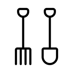Shovel and pitchfork icon. Black contour linear silhouette. Front view. Editable strokes. Vector simple flat graphic illustration. Isolated object on a white background. Isolate.