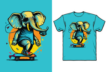 elephant cartoon wearing sunglasses riding a skateboard with colorful t-shirt design