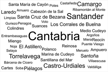 Tag cloud of the biggest cities in Cantabria, Spain.