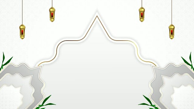 animated ramadan background is white and gold, with lantern and leaf elements, suitable for Islamic background activities