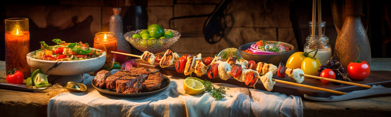 Obraz na płótnie Canvas Oriental cuisine dining table with grilled kebab and fried vegetables, fruits assorted snacks on a rustic table. Generative Ai,