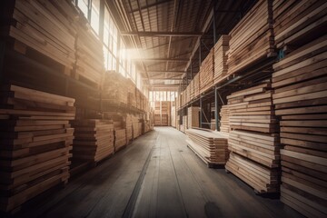 Carpentry lumber interior Wood klift and wooden pallets in warehouse, GENERATIVE AI