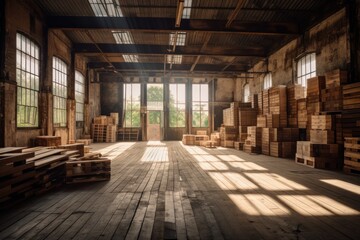 Carpentry lumber interior Wood klift and wooden pallets in warehouse, GENERATIVE AI