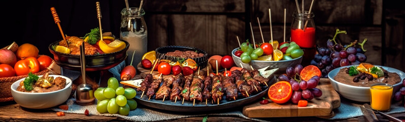 Fototapeta na wymiar Oriental cuisine dining table with grilled kebab and fried vegetables, fruits assorted snacks on a rustic table. Generative Ai,