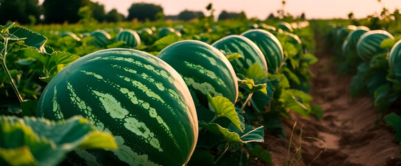 Watermelon harvest in the garden. Generative AI, - obrazy, fototapety, plakaty