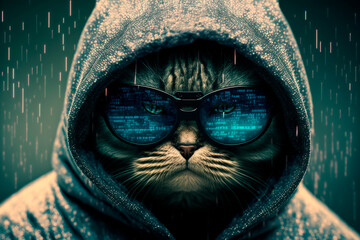 Cat with glasses and a hood. Hacker concept. Generative AI