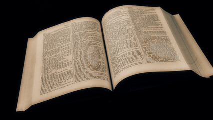 An ancient Greek Latin dictionary with soft yellow light on a tumbled black background, Education, religion, spiritual, knowledge concept. 