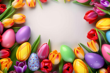 Fototapeta na wymiar Easter eggs and flowers for postcard created by Generative AI technology