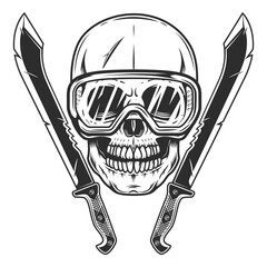 Skull in construction safety glasses and machete sharp knife melee weapon of hunter in jungle. Black and white vector isolated on white background