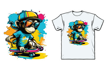 Monkey on a skateboard with sunglasses and a shirt that says monkey on it