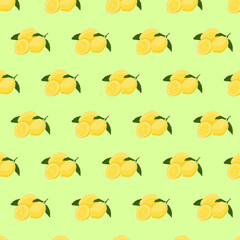 Seamless pattern with lemon on green background. Continuous one line drawing lemon. Black line art on green background with colorful spots. Vegan concept