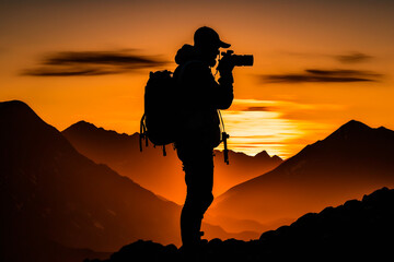 Photographer silhouette on the mountain. Generative AI