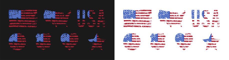 American grunge flag set. Grunge texture USA flag in various shapes with map and shield. US american flags collections for sticker, t-shirt print and posters design. Vector illustration.