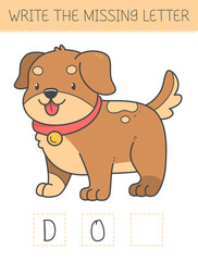 Write the missing letter is an educational game for kids with dog. Cute cartoon puppy. Practicing English alphabet.