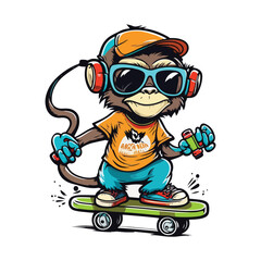 Monkey on a skateboard with a shirt that says monkey on it