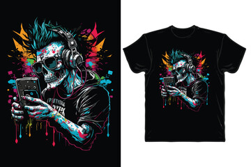 Punk skull music lover with colorful t-shirt design