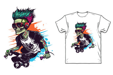 Punk skull roller skate with colorful t-shirt design