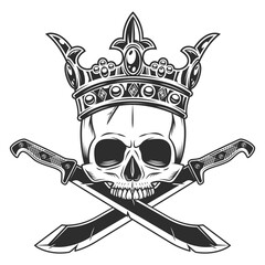 Skull without jaw in crown royal king with crossed machete sharp knife and ribbon. Melee weapon of hunter in jungle. Black and white vector isolated on white background