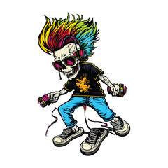 A cartoon illustration of a skeleton with headphones and a shirt that says the word on it