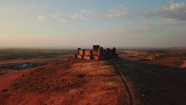 Drone view of Castillo de Riba de Santiuste on a sunny day in Spain