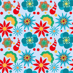 Fototapeta na wymiar Pattern cn allegri fiori colorati su sfondo azzurro