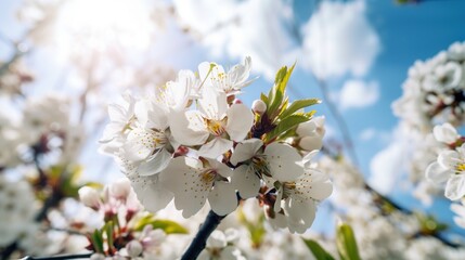 Obraz premium Spring flower background with white cherry blossoms, Generative AI