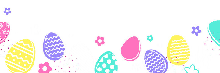 Colourful Easter eggs and flowers on transparent background. Modern design. Bannner. PNG illustration