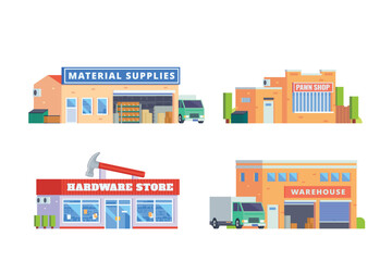 Vector element of warehouse building, pawn shop and hardware store flat design style for city illustration