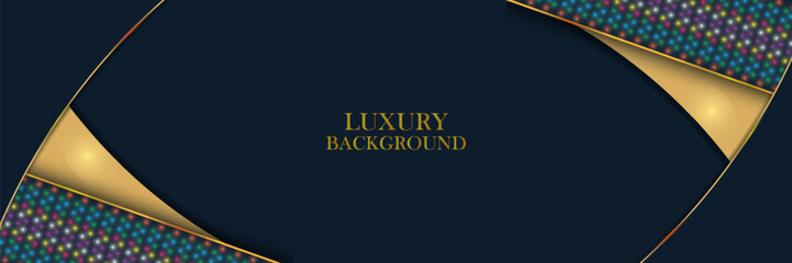 Abstract luxury dark background with gold lines and colorful dots combination. Dynamic shape composition.