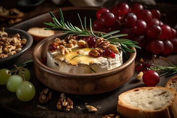 Baked camembert with roasted grapes, walnuts, rosemary and pink peppercorn crackers. Generative AI - obrazy, fototapety, plakaty