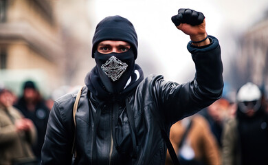 A hooded protester raises a fist during a riot in Paris - generative ai