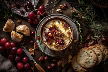 Baked camembert with roasted grapes, walnuts, rosemary and pink peppercorn crackers. Generative AI