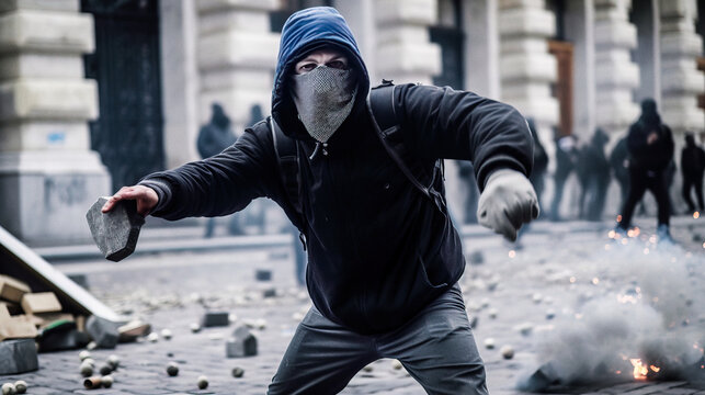 A hooded protester throws a stone during a riot in Paris - generative ai