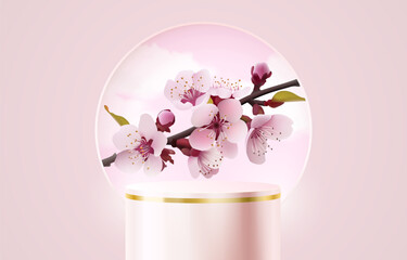 Podium romantic presentation, season banner beauty, sakura holiday event. Vector