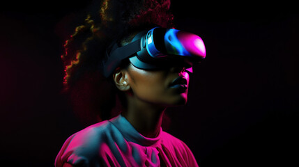 Fototapeta premium Portrait of African-American woman wearing virtual reality headset. Vivid colors neon glowing HMD generative ai