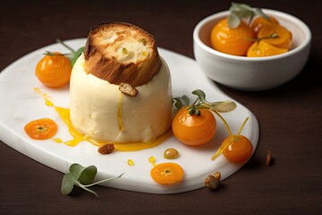 Kumquat panettone with orange blossom panna cotta and confit kumquats. Generative AI