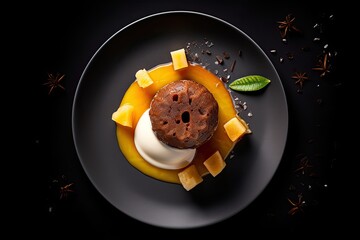 Sticky ginger pudding, marinated pineapple, mango cream and ginger beer syrup. Generative AI