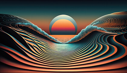 Illustration of A Surreal View of the Sun and Waves