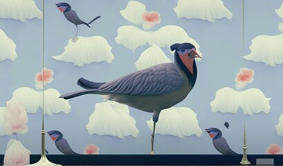  a painting of a bird standing in front of a wall of flowers.  generative ai