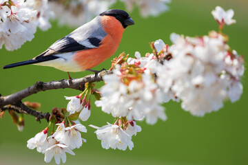 Bird sitting on branch of blossom cherry tree. The common bullfinch