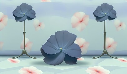  three blue flowers on a blue background with pink flowers in the background.  generative ai